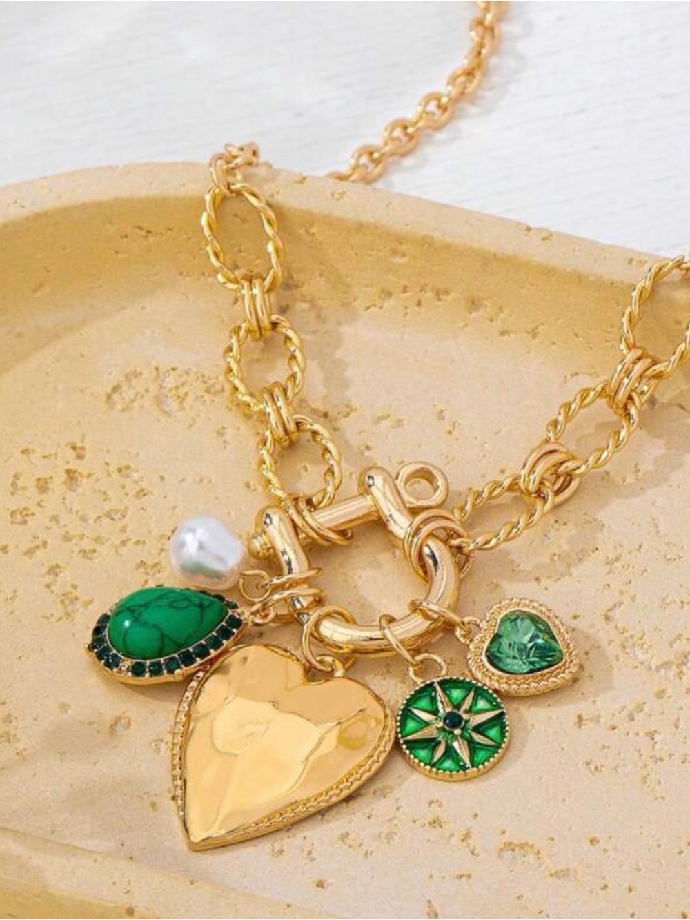 Western Horseshoe Necklace Gold Heart Charm Necklace with Green Gem Accents - Picture 3 of 5